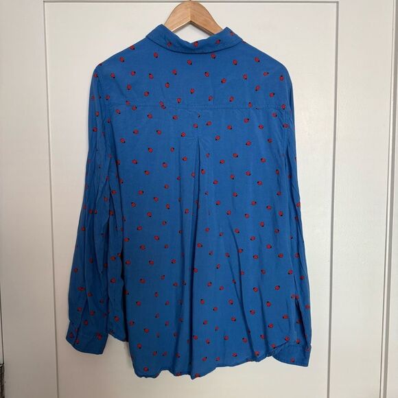 Beach Lunch Lounge Blouse Womens Sz XL Blue Ladybug Print Button Up Long Sleeve - Picture 6 of 11